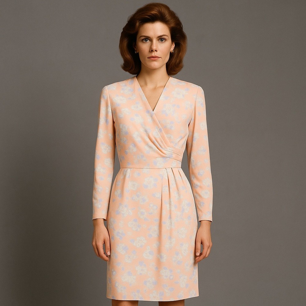 Vintage Jennifer‎ Moore Floral Wrap Dress Peach Blue White Long Sleeve Size 12
